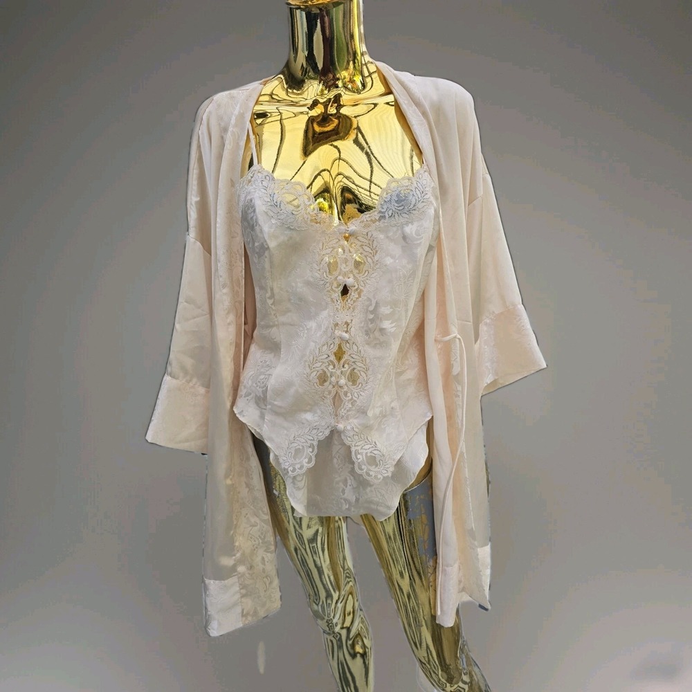Vtg Victorias Secret Gold Label Medium Peach Satin 3 Piece Set Cami Flutter Robe